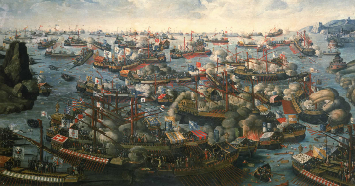 Painting of galleys in battle amid cannon smoke