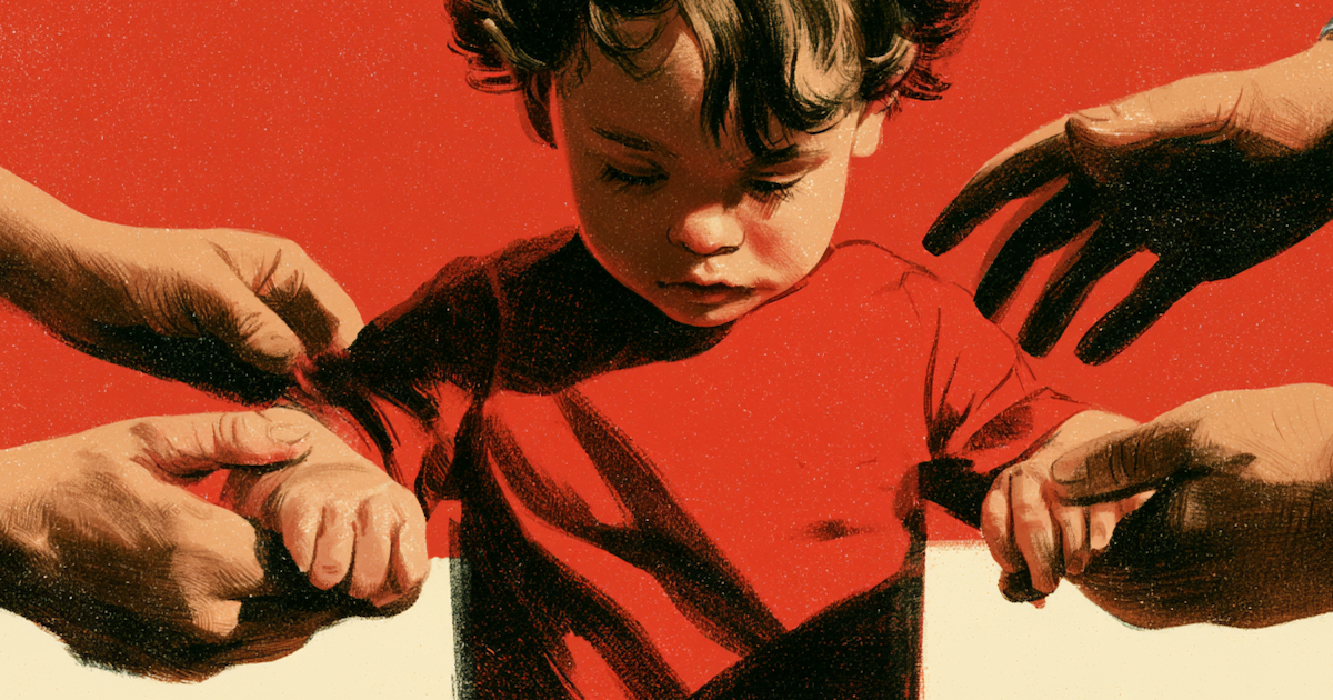 Illustration of a young child surrounded by adult hands, with hands holding the child&rsquo;s hands.